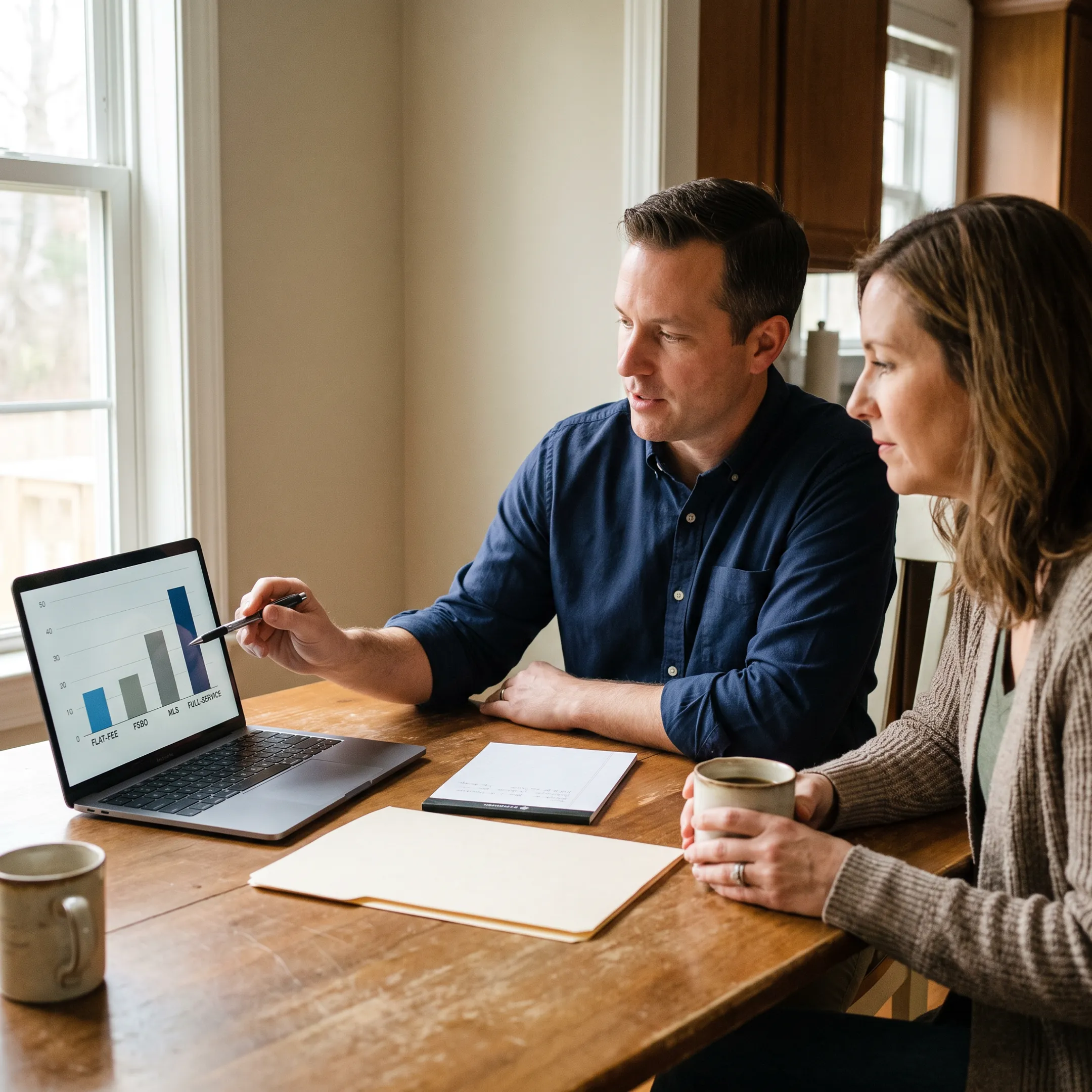 Homeowner comparing real estate listing support options with an agent