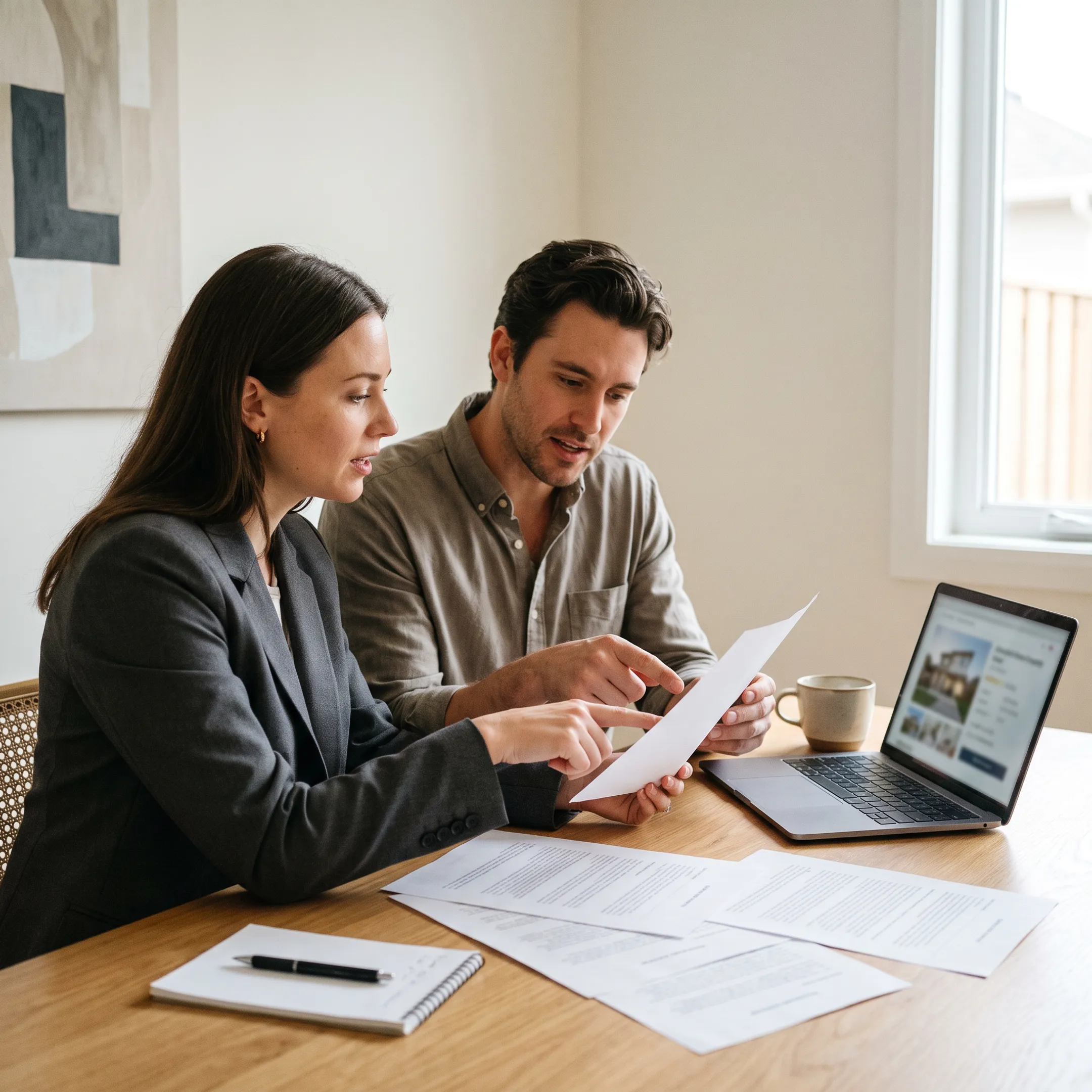 Client comparing real estate offer documents with an agent