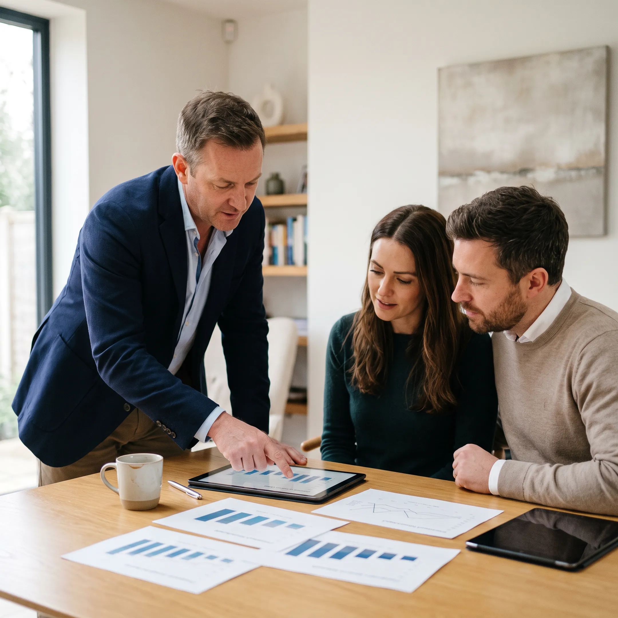 Clients comparing real estate brokerage options with an advisor