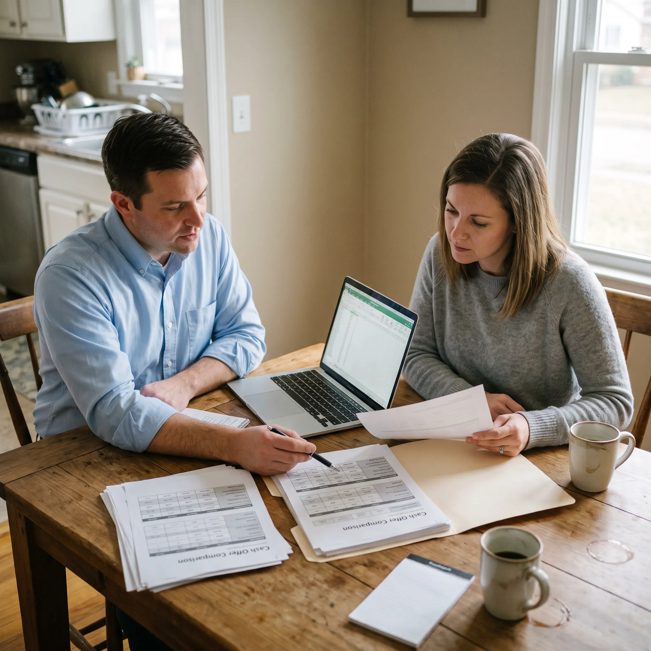 Home seller comparing cash offer options with an advisor