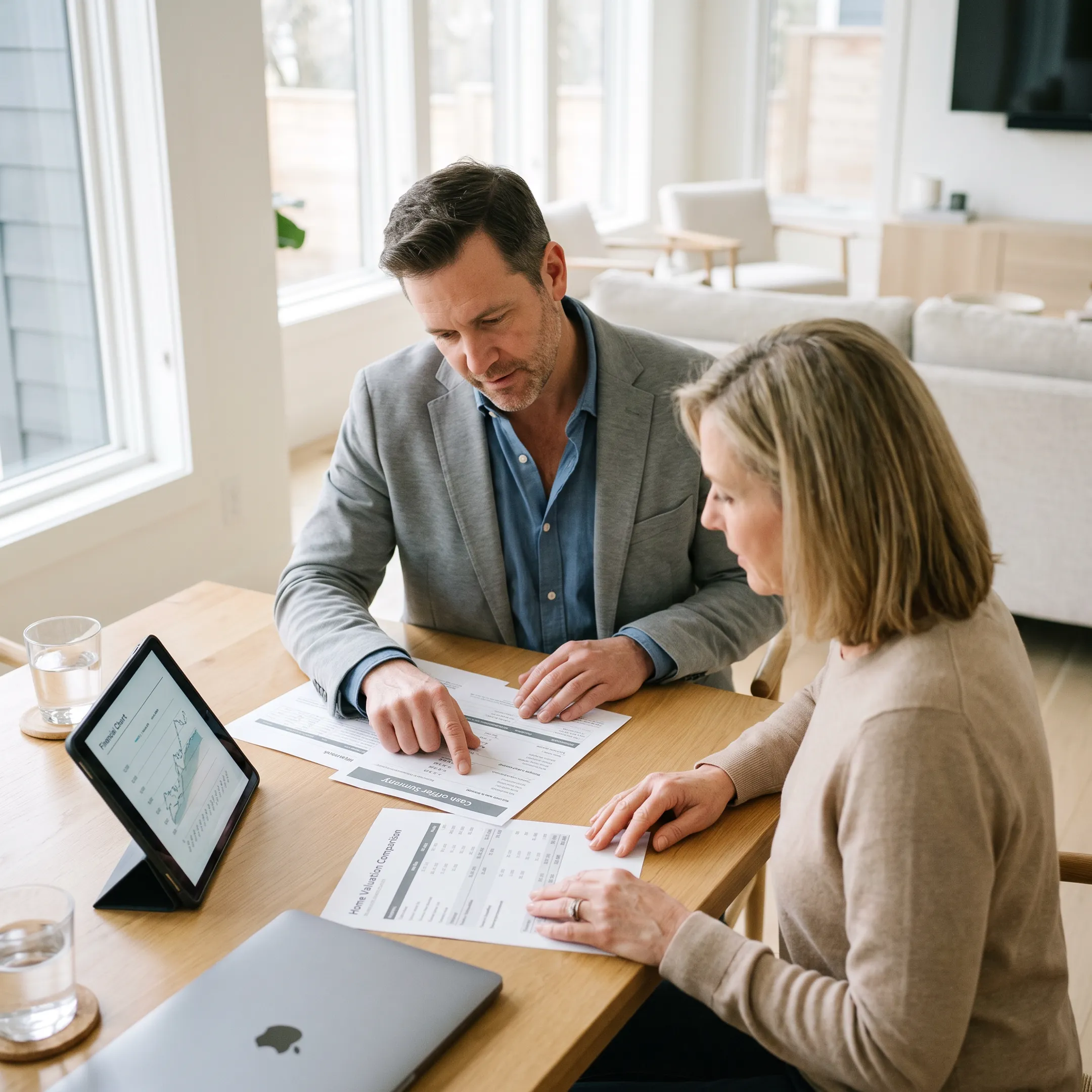 Homeowner comparing cash offer and traditional selling options with a real estate advisor