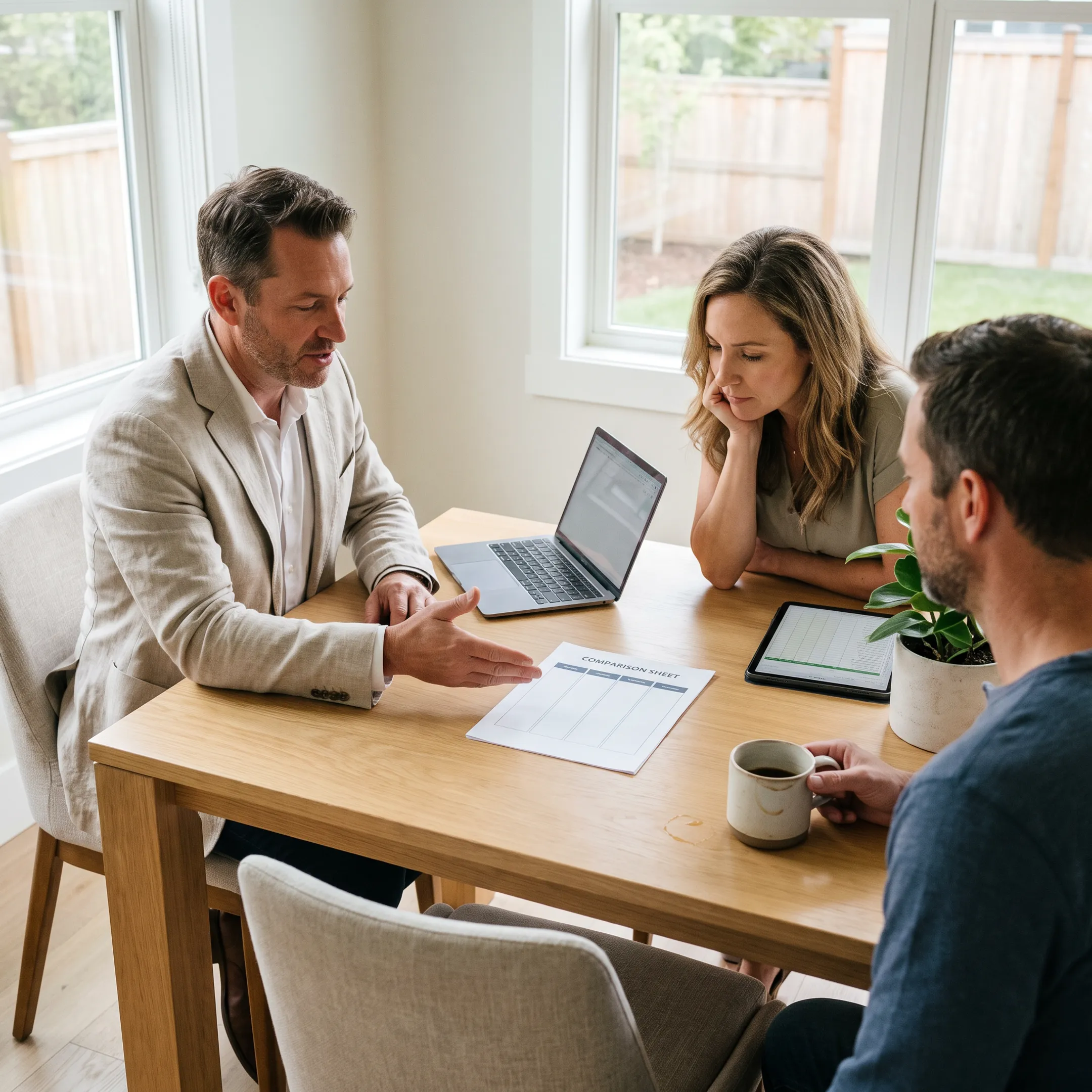 Agent presenting multiple real estate service choices to homeowners