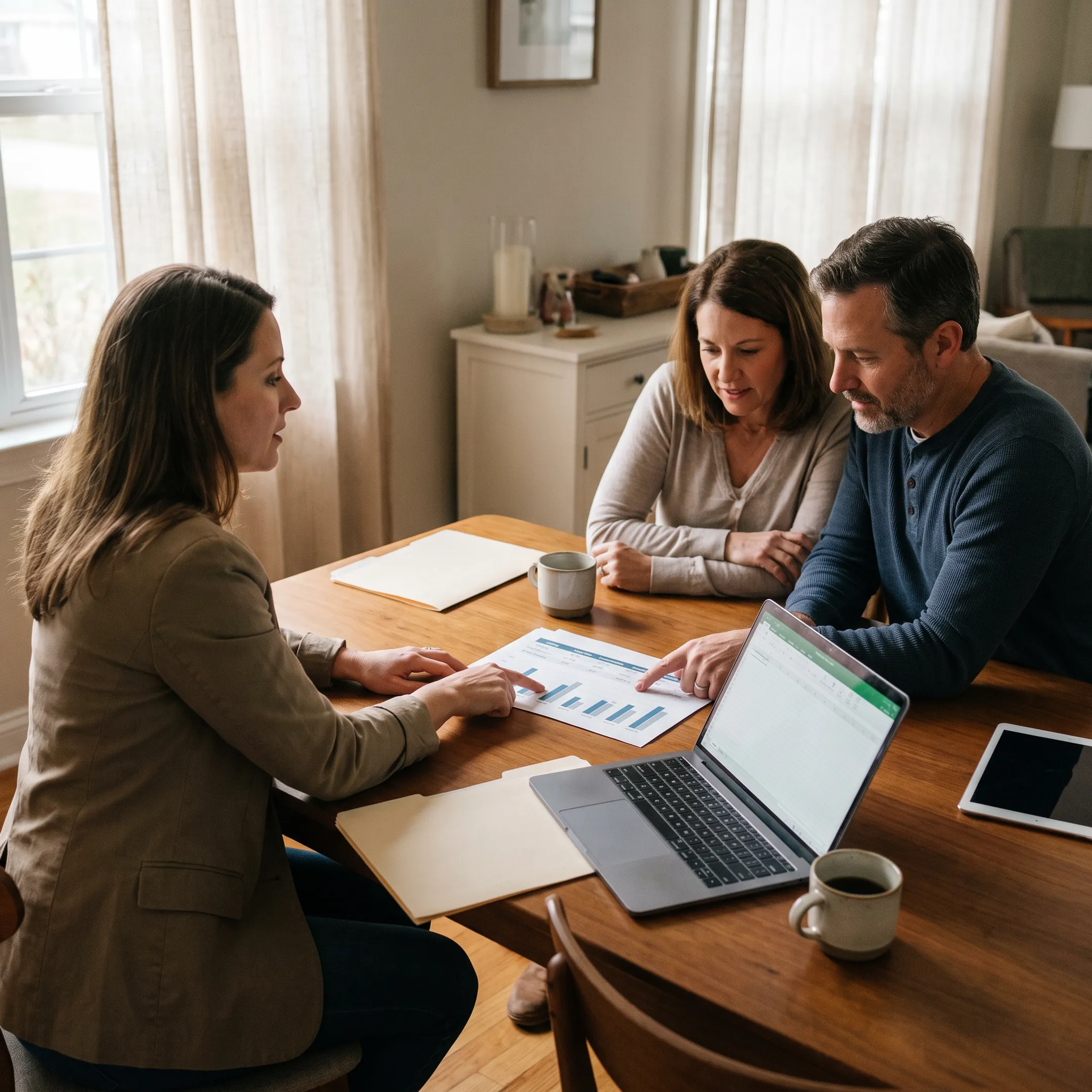 Advisor comparing real estate selling and buying options with clients