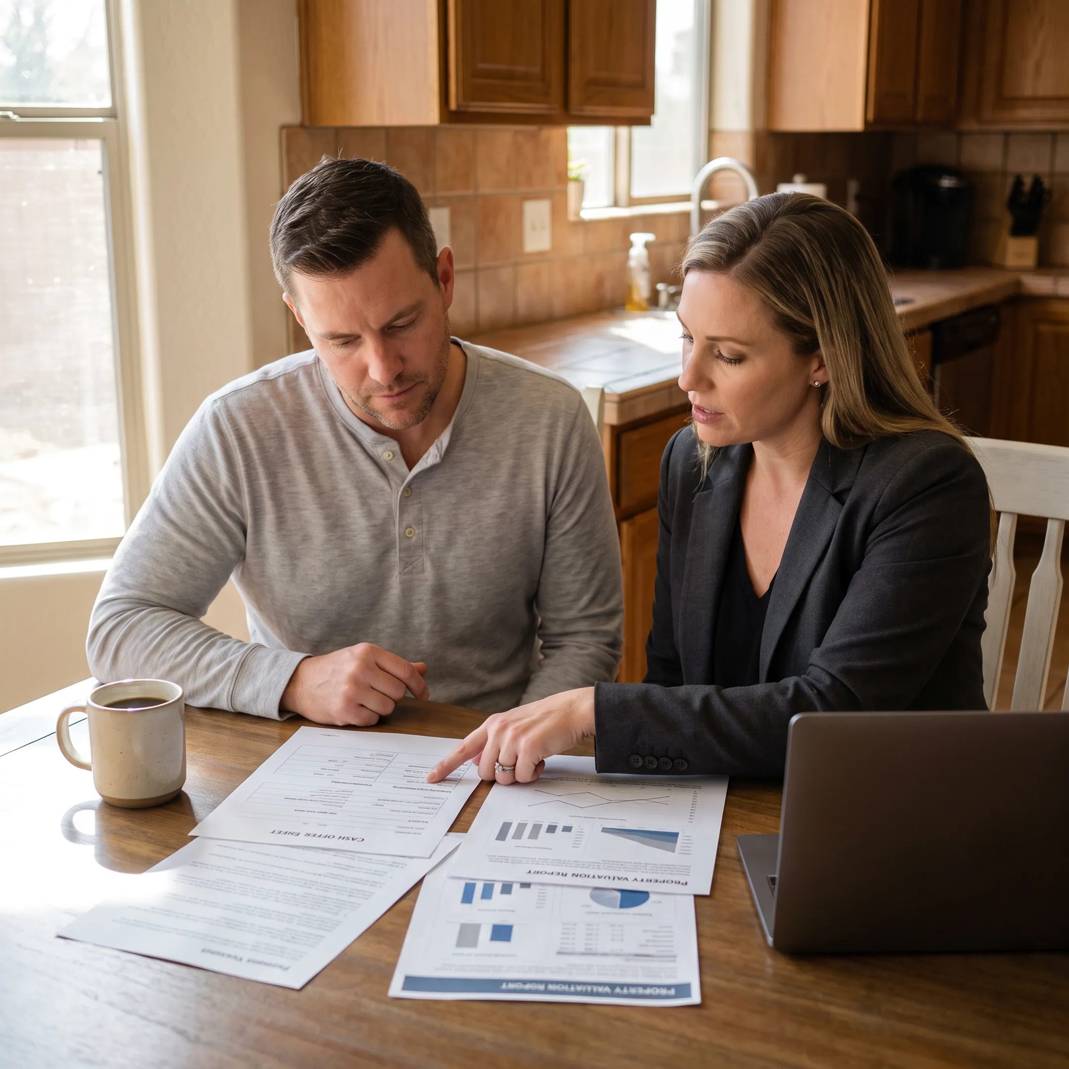 Homeowner discussing a cash offer with a real estate professional