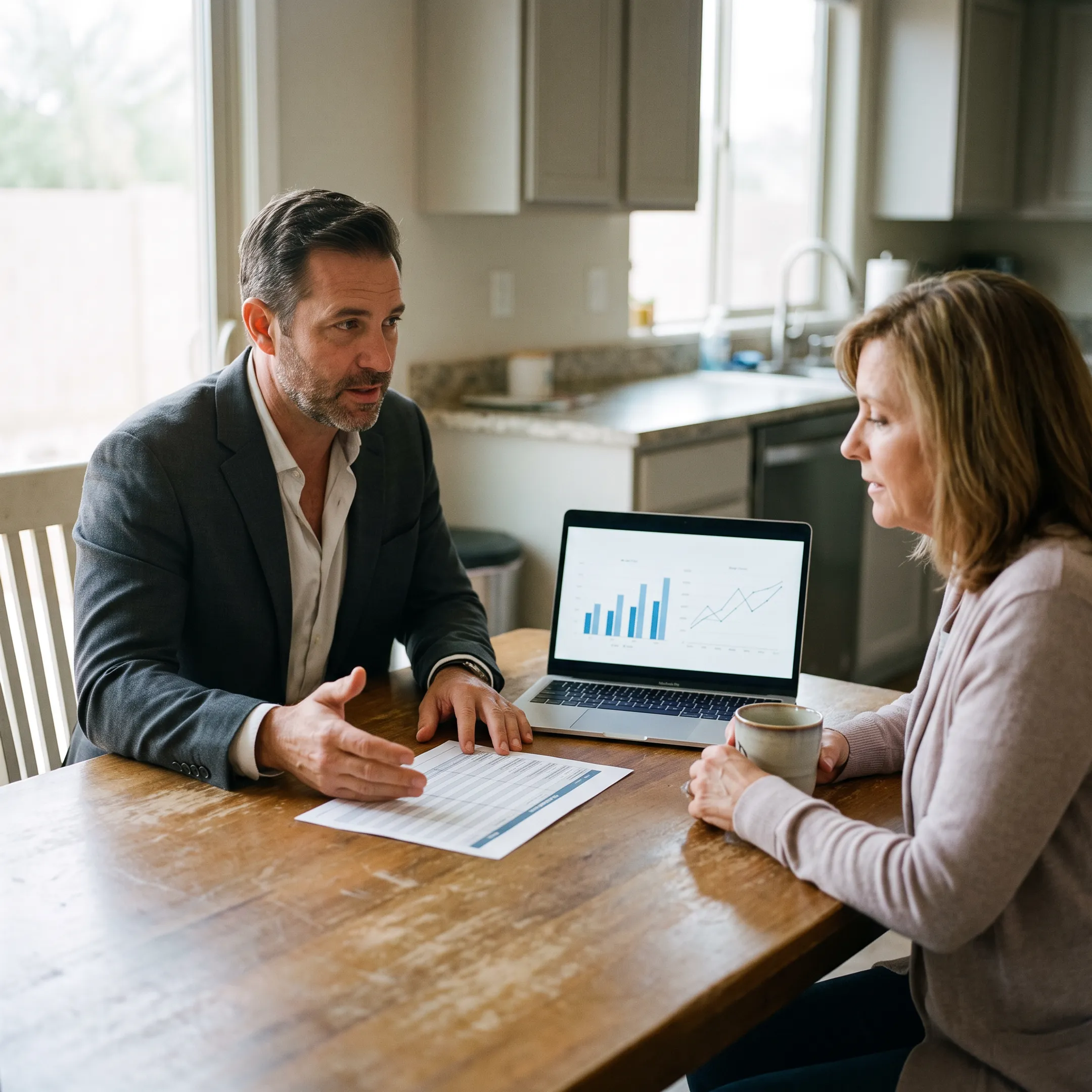 Real estate advisor explaining cash sale options to a homeowner