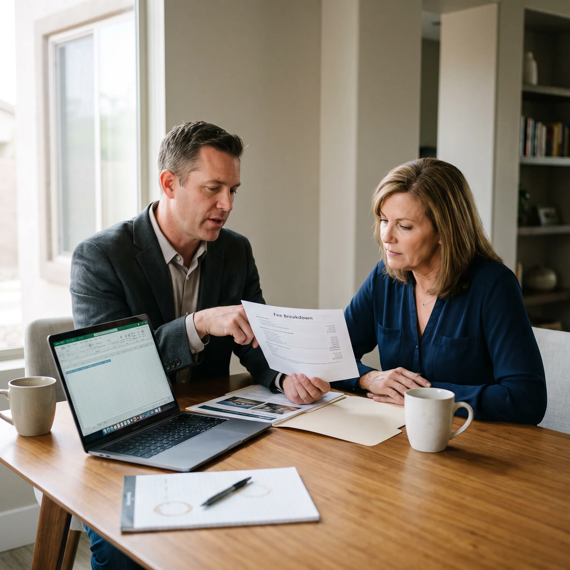 Agent explaining MLS costs and selling options to a homeowner