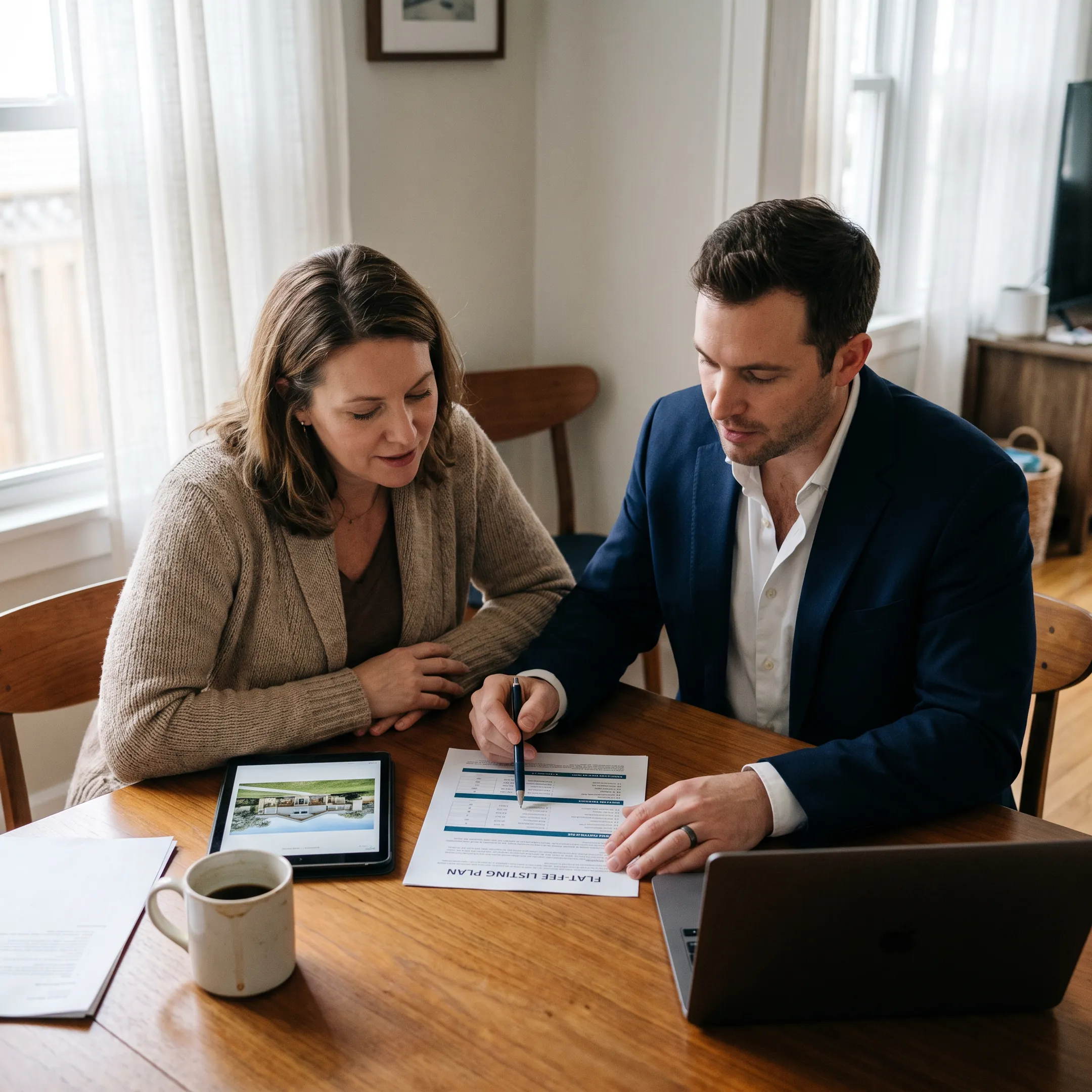 Homeowner reviewing a flat fee listing agreement with a real estate professional