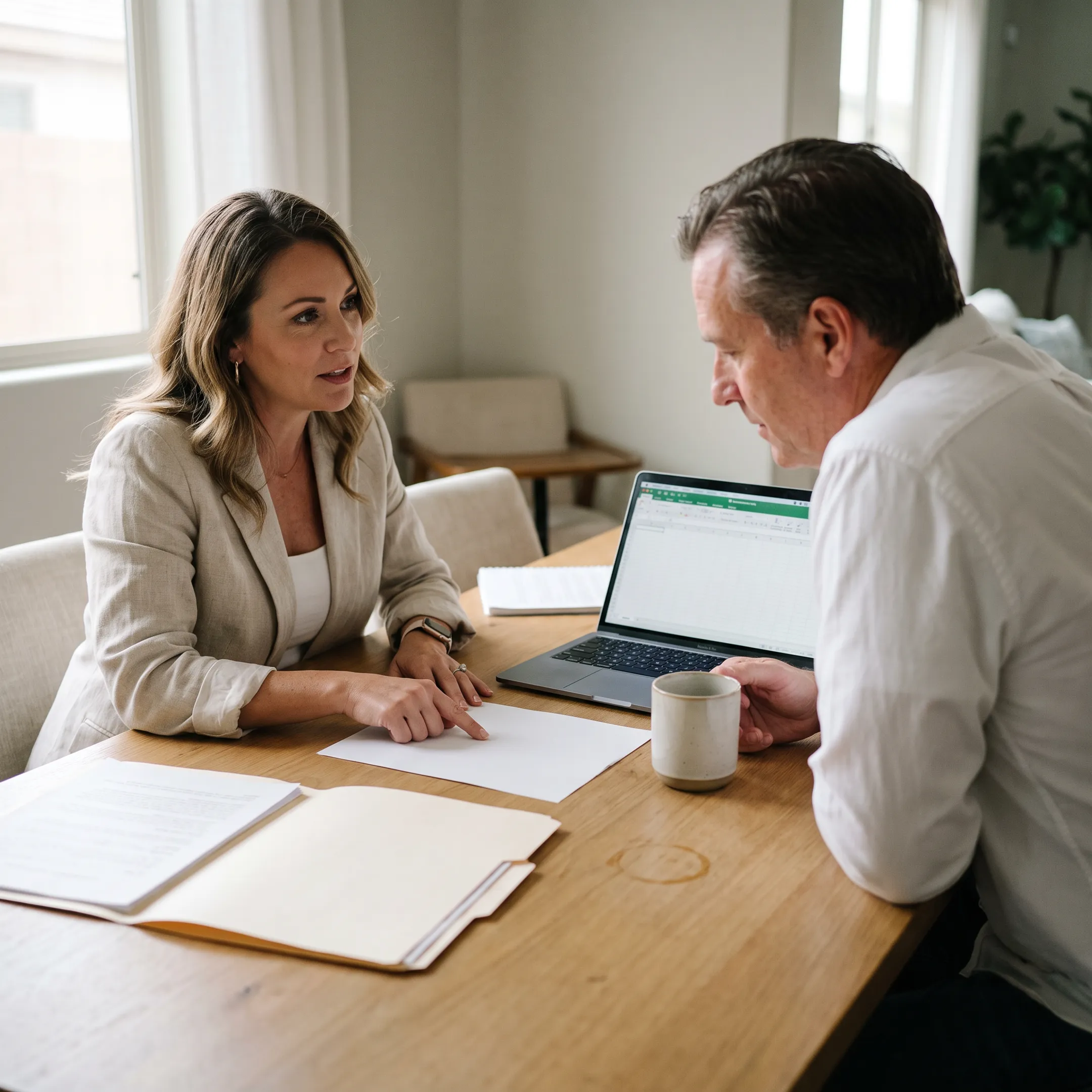 Professional explaining cash home selling options to a homeowner