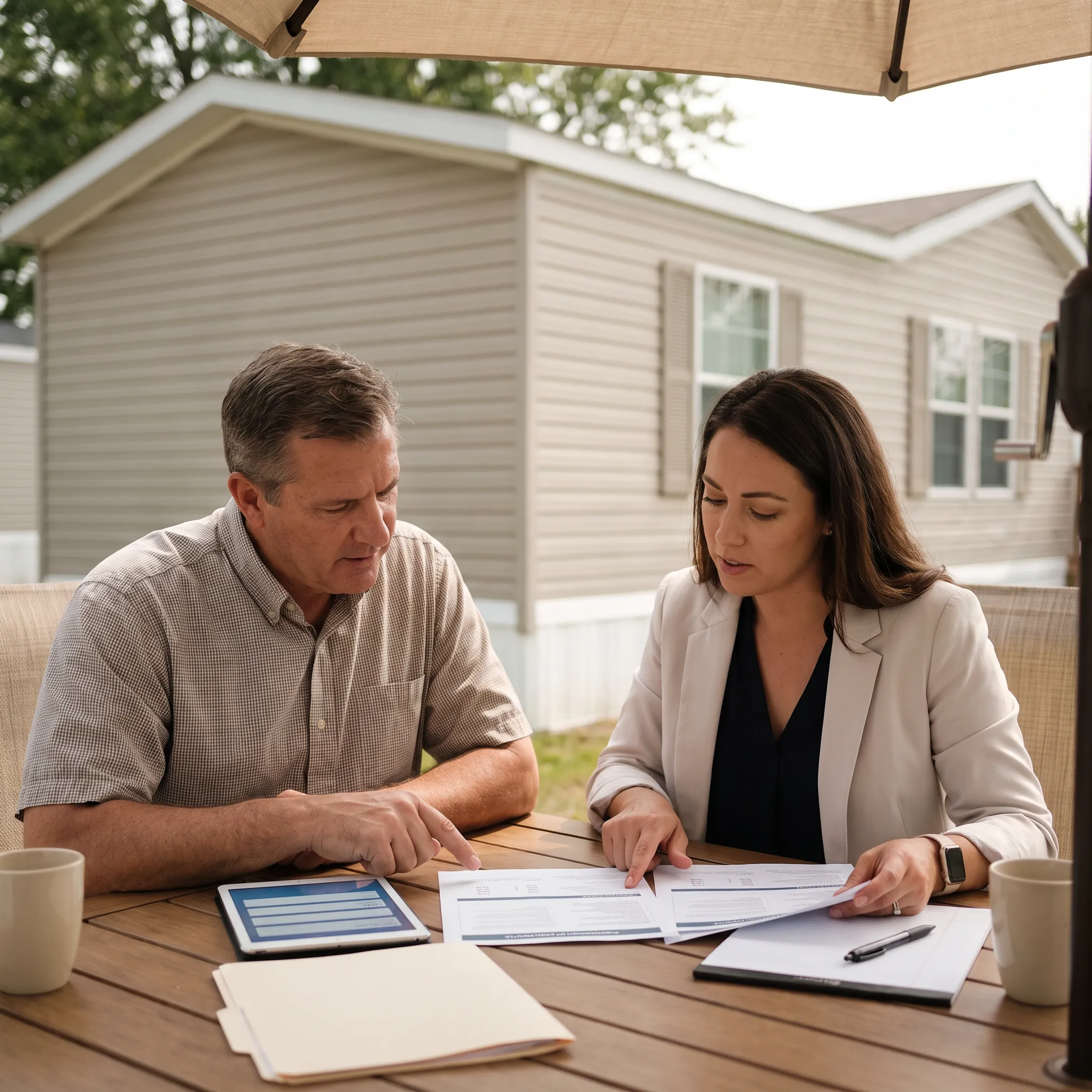 Mobile home owner reviewing cash sale options with an agent
