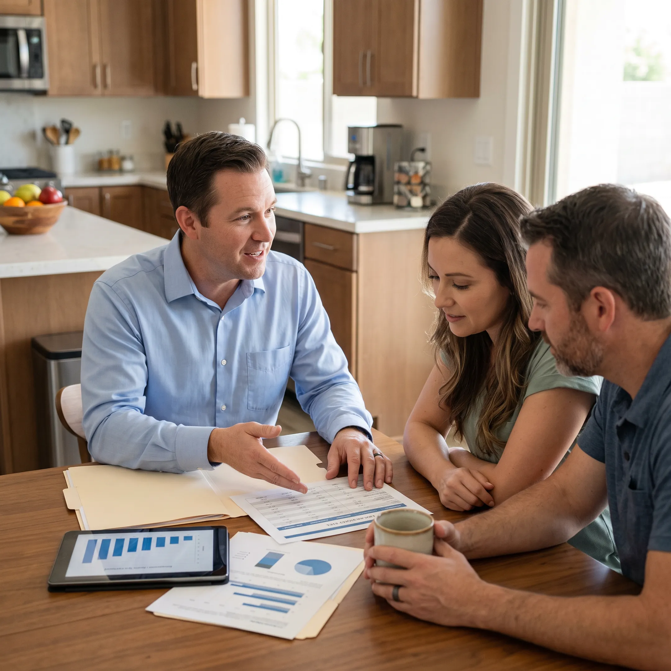 Agent presenting home-selling options to a couple