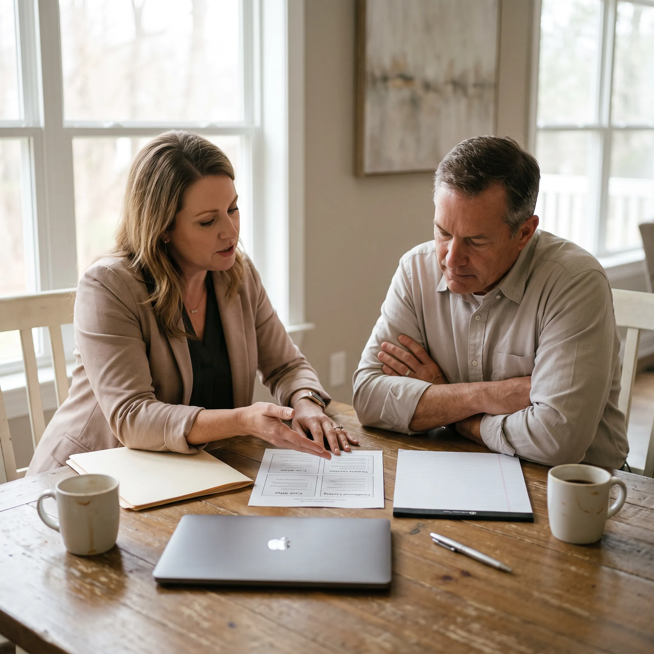 Real estate advisor explaining cash offer options to a homeowner