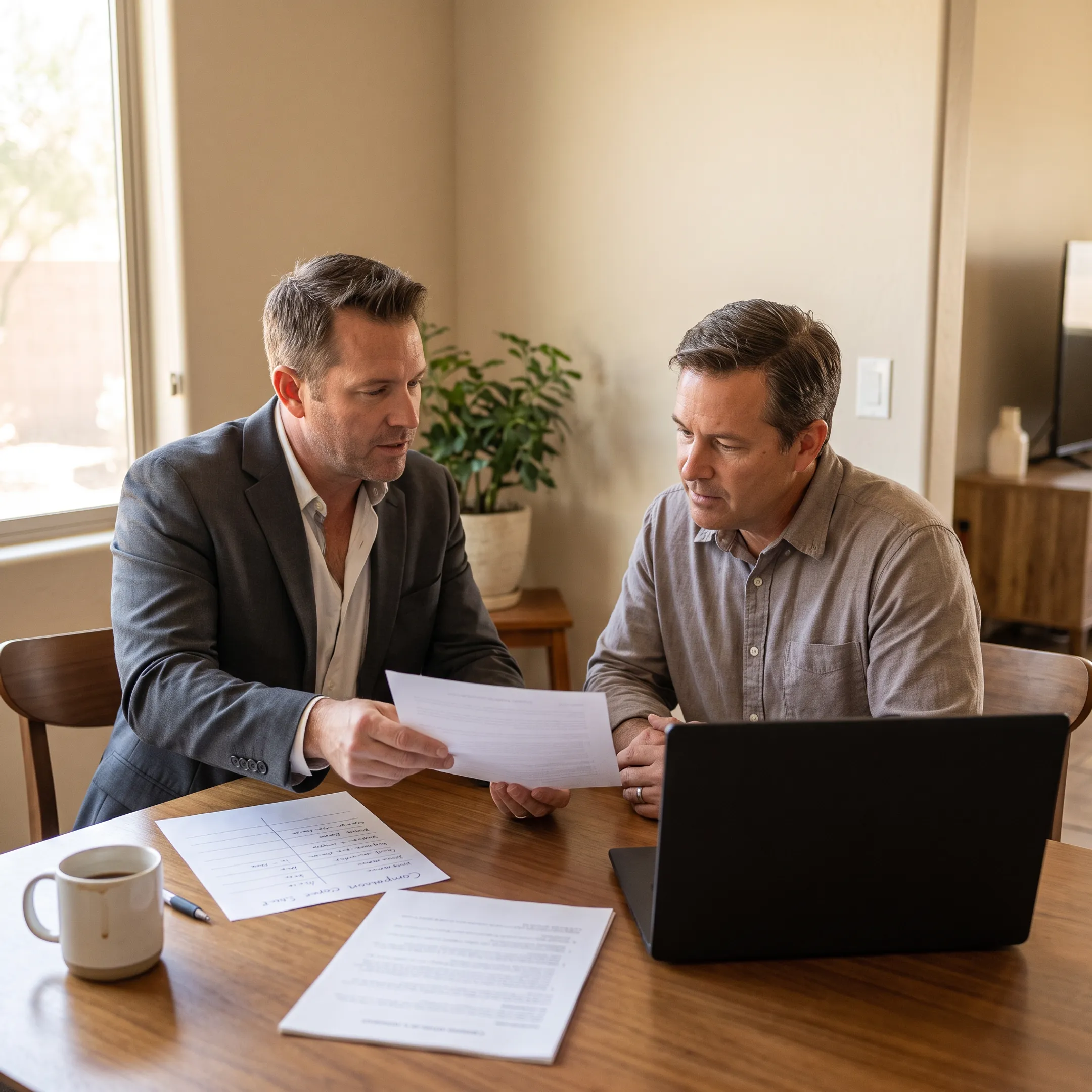 Real estate professional comparing cash sale options with a homeowner