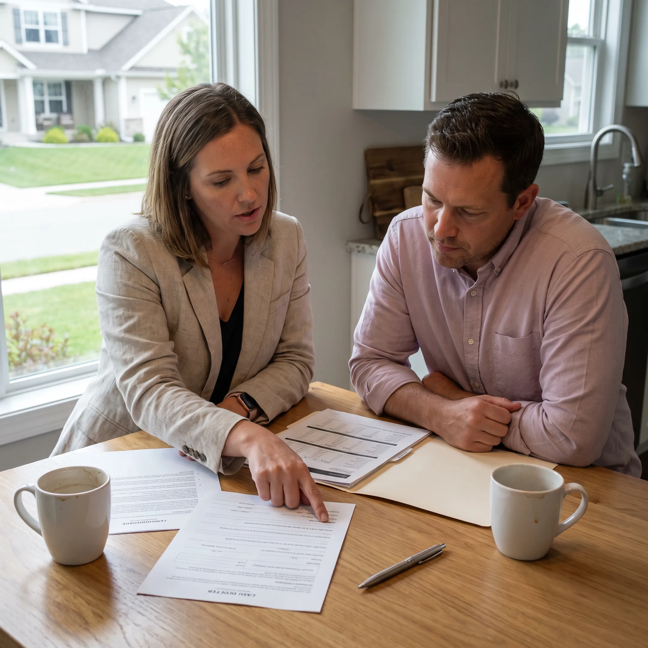 Real estate advisor reviewing cash offer documents with Arizona homeowner