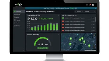 Azuga fleet dashboard showing fuel cost savings and idle time metrics