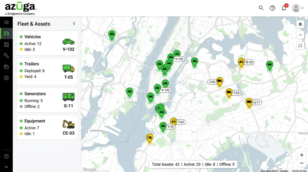 Azuga unified asset tracking dashboard showing vehicles trailers and equipment locations