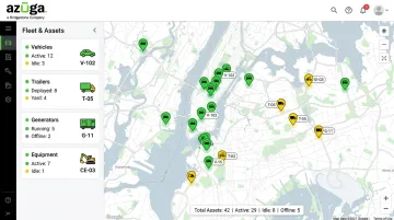 Azuga unified asset tracking dashboard showing vehicles trailers and equipment locations