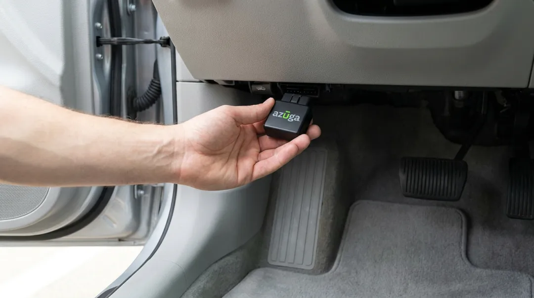 Azuga OBD-II tracker plugged into vehicle diagnostic port for installation