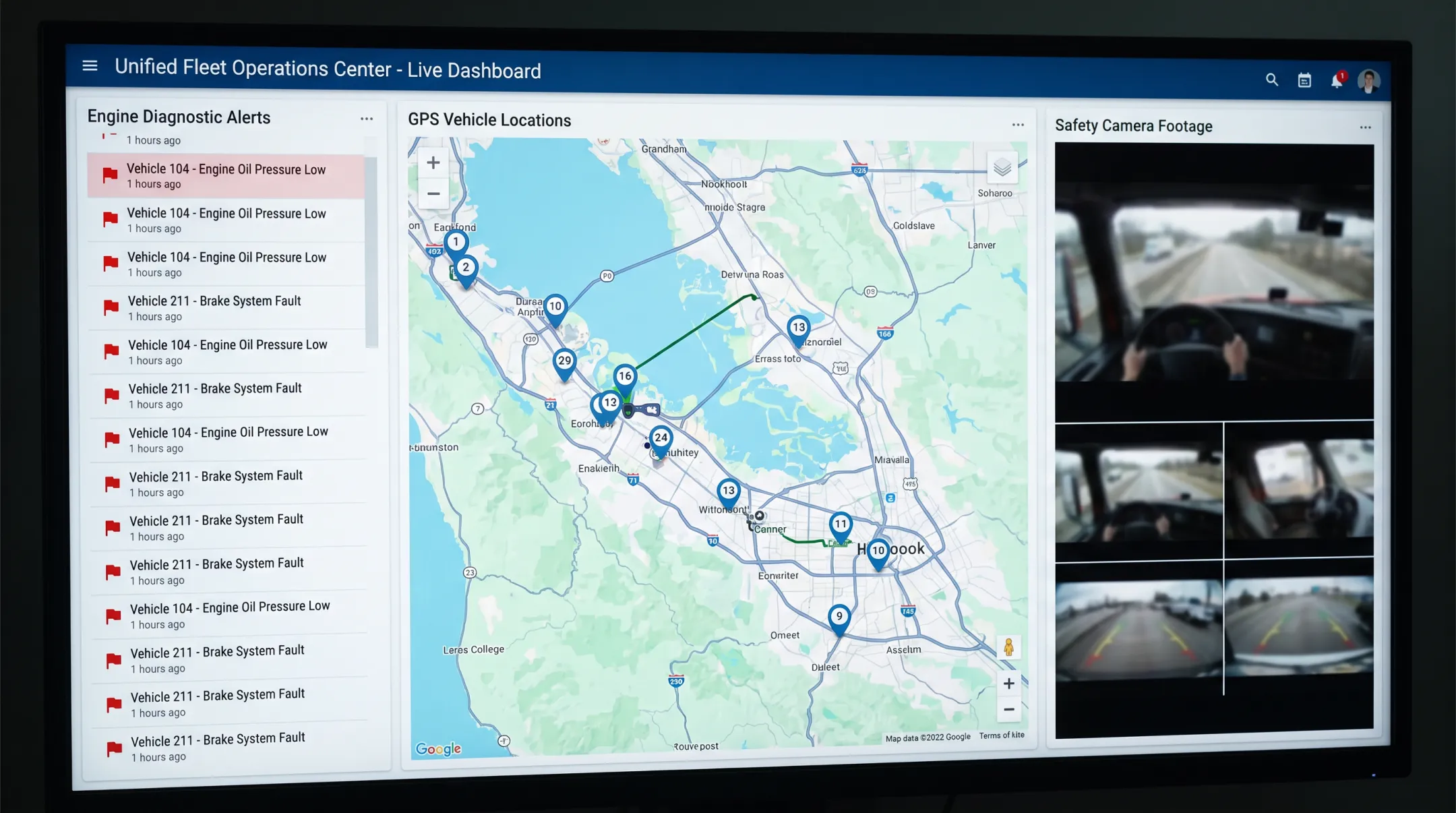 Fleet dashboard combining engine diagnostics GPS tracking and safety camera data