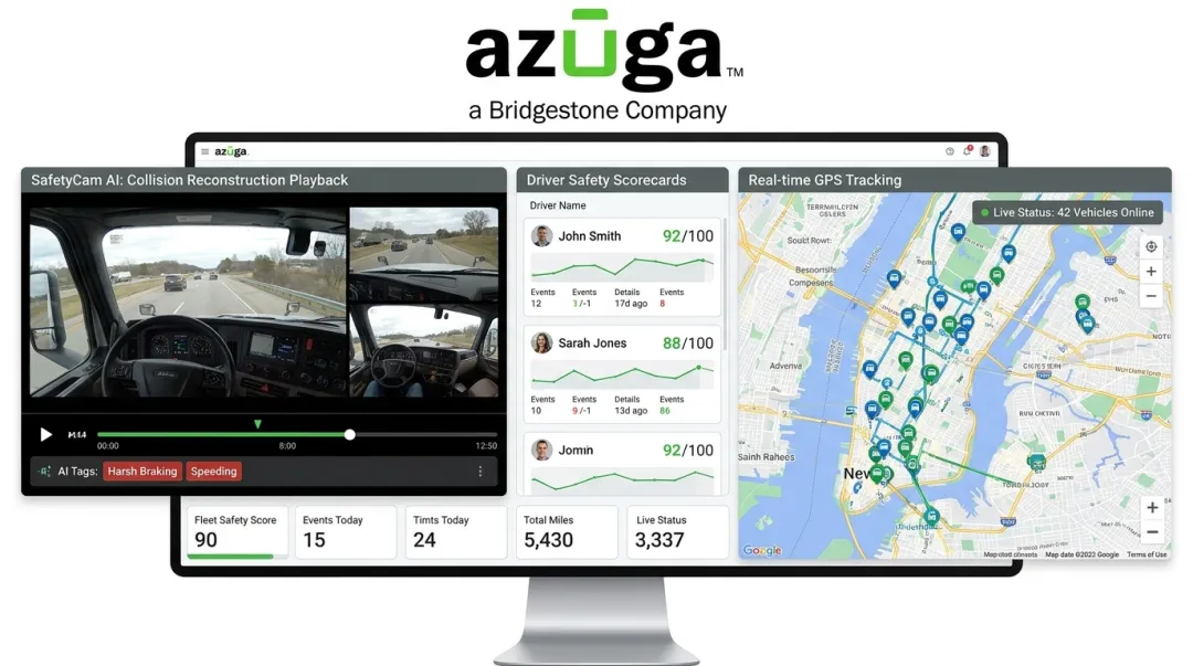 Azuga SafetyCam AI dashboard showing collision reconstruction and driver scores