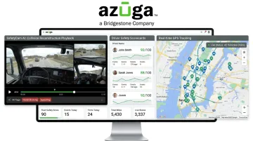 Azuga SafetyCam AI dashboard showing collision reconstruction and driver scores
