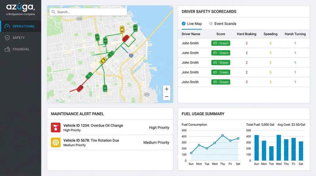 Fleet dashboard interface showing live map safety scores and fuel data