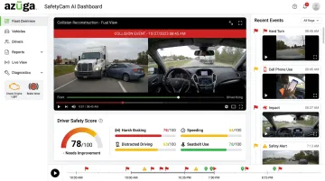Azuga SafetyCam AI dashboard showing collision reconstruction and driver safety monitoring