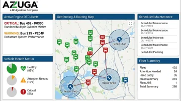 Azuga fleet maintenance dashboard displaying diagnostic alerts and geofencing map