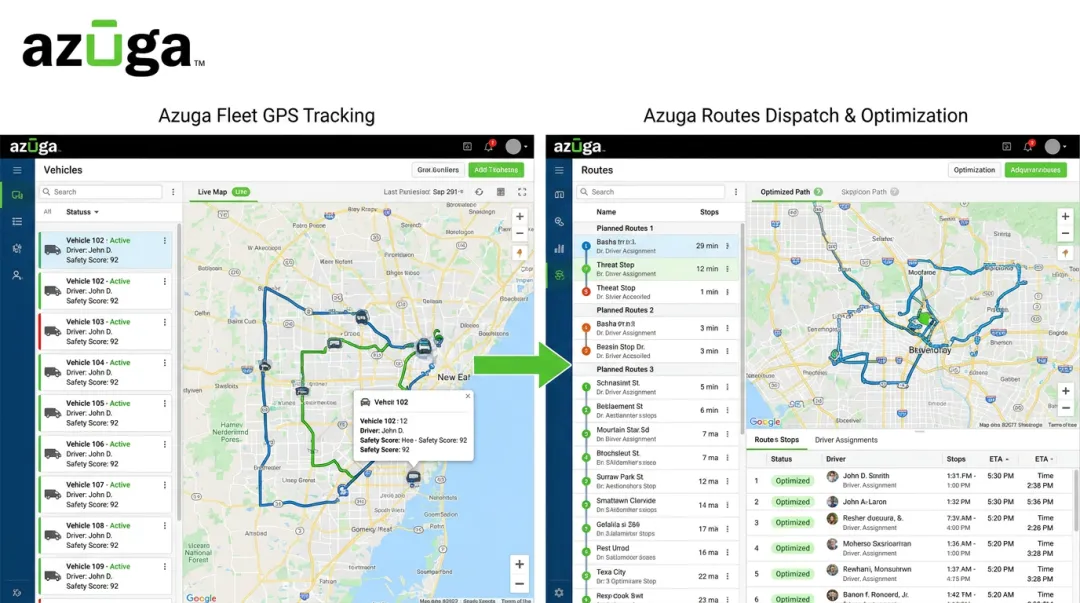 Azuga Fleet and Azuga Routes dashboards showing integrated GPS tracking and dispatch
