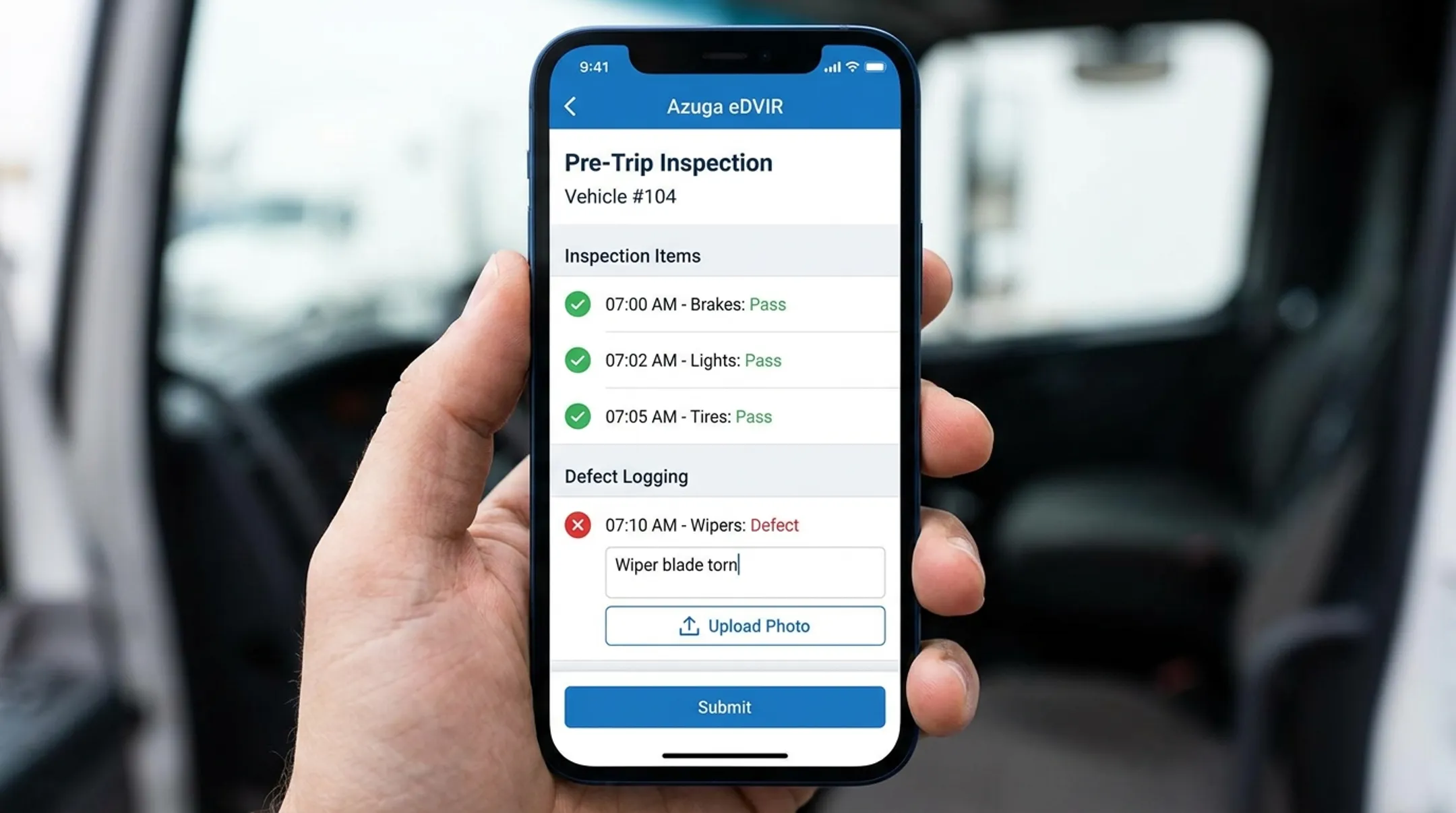 Azuga eDVIR digital inspection interface on mobile device screen