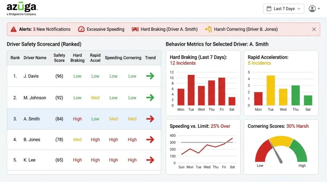Azuga driver scorecard dashboard tracking braking acceleration and speeding events