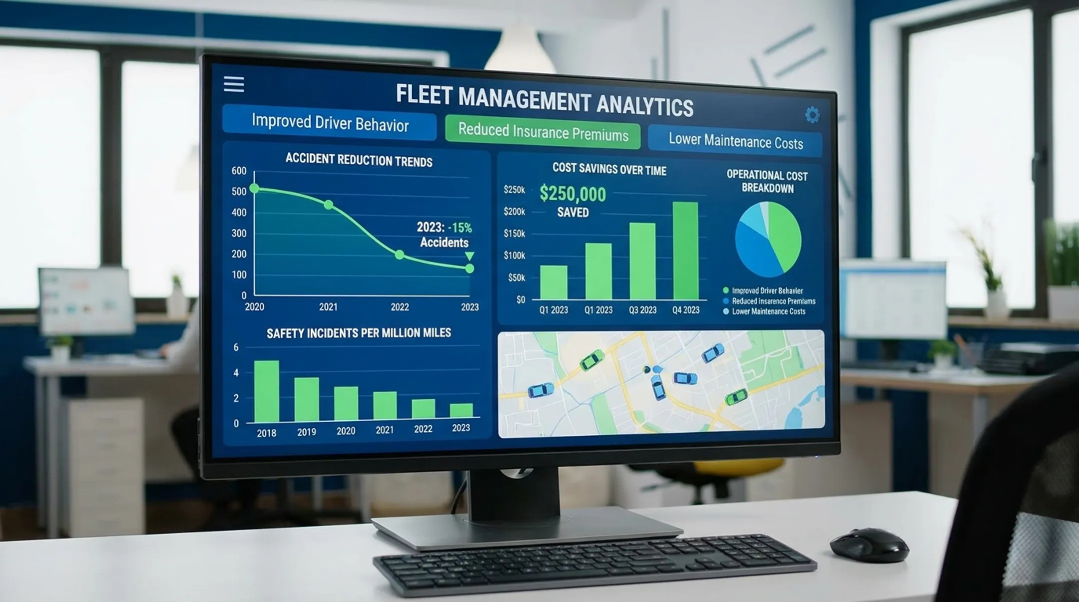 Fleet safety dashboard showing reduced accident rates and cost savings metrics