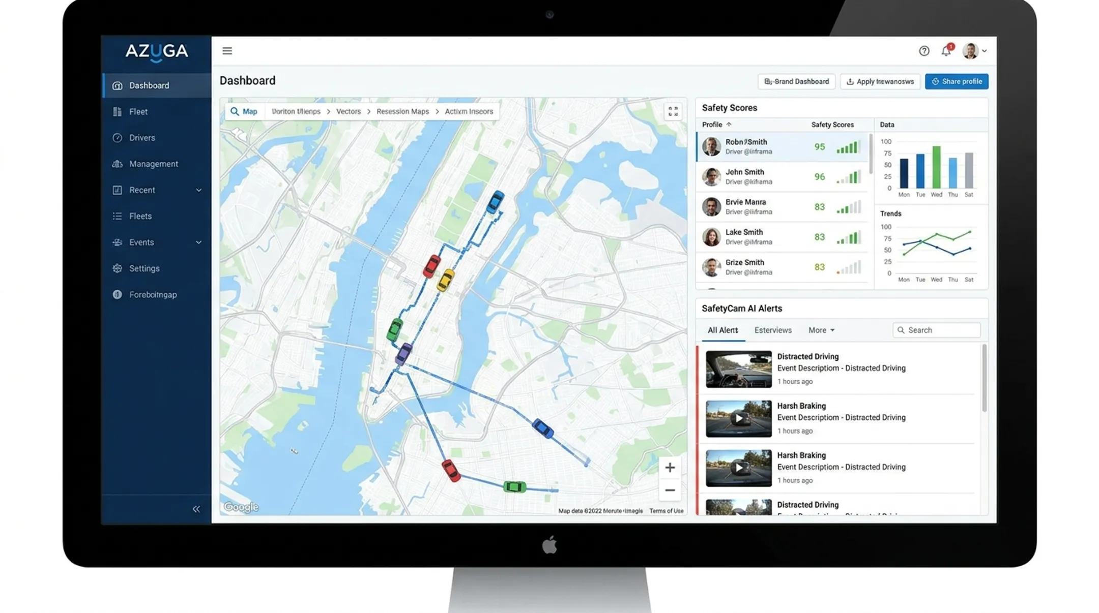 Azuga fleet dashboard showing real-time vehicle tracking and driver scoring