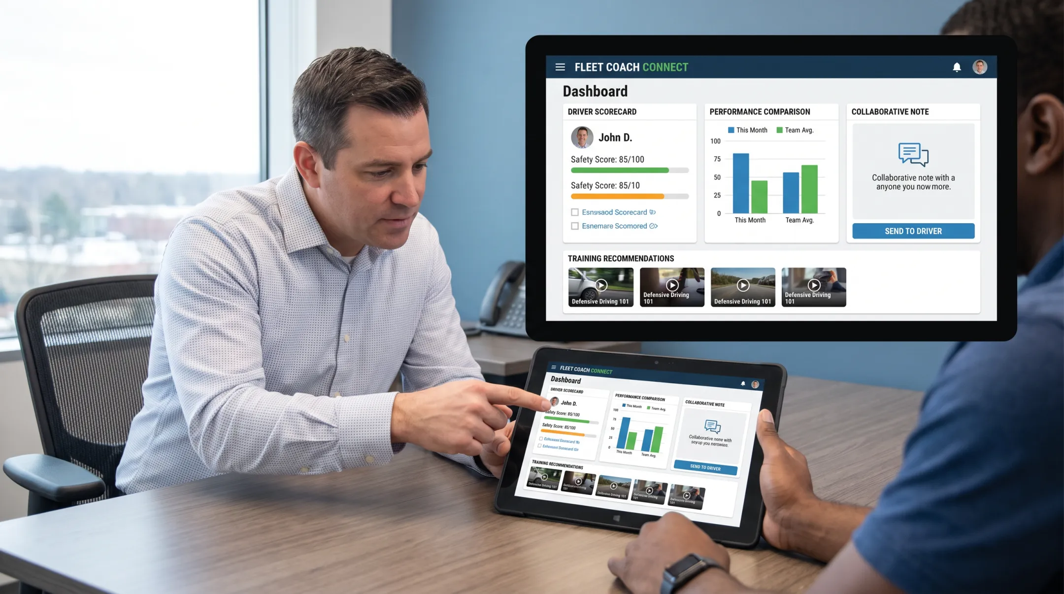 Fleet manager reviewing driver coaching scorecard and performance dashboard