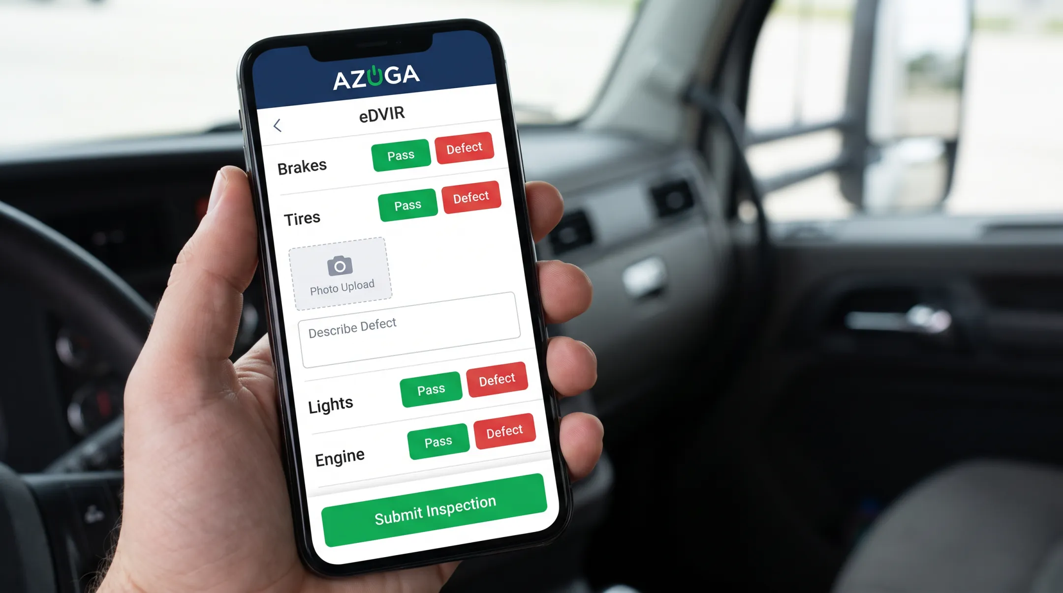 Azuga eDVIR mobile app interface showing driver inspection checklist
