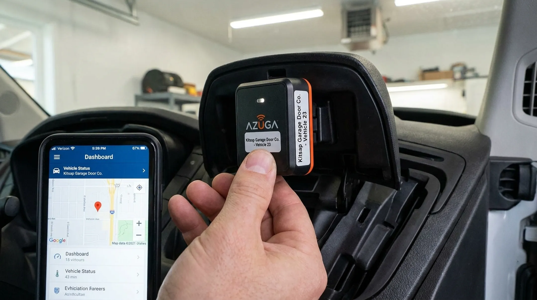 Azuga OBD-II fleet tracking device installed in service vehicle
