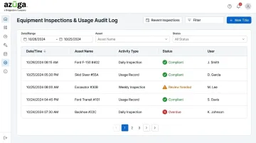 Azuga telematics dashboard displaying timestamped equipment inspection compliance records