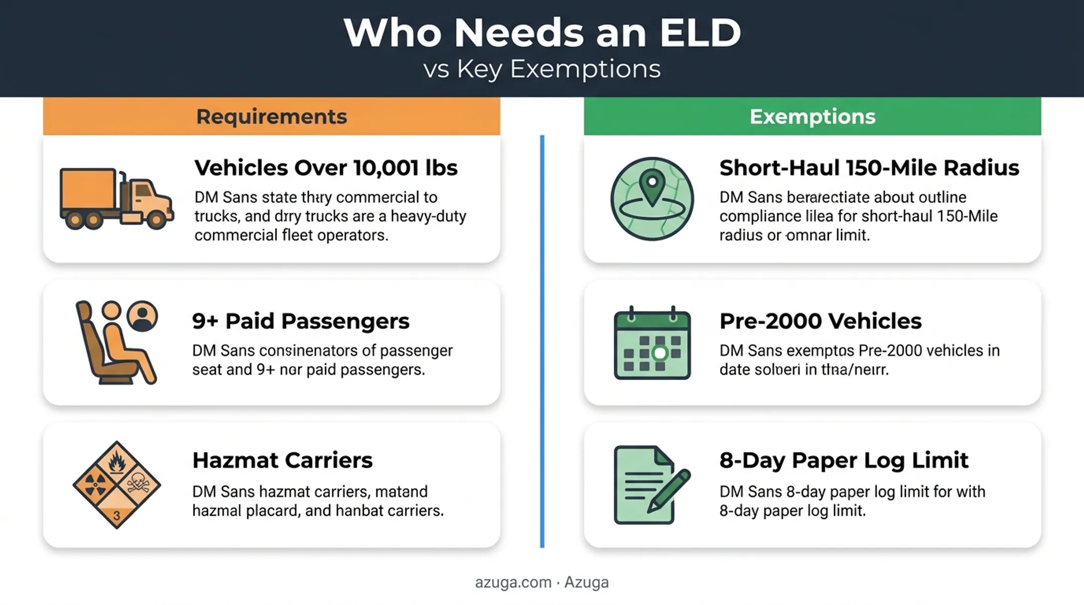 ELD mandate requirements versus exemptions comparison chart for commercial drivers