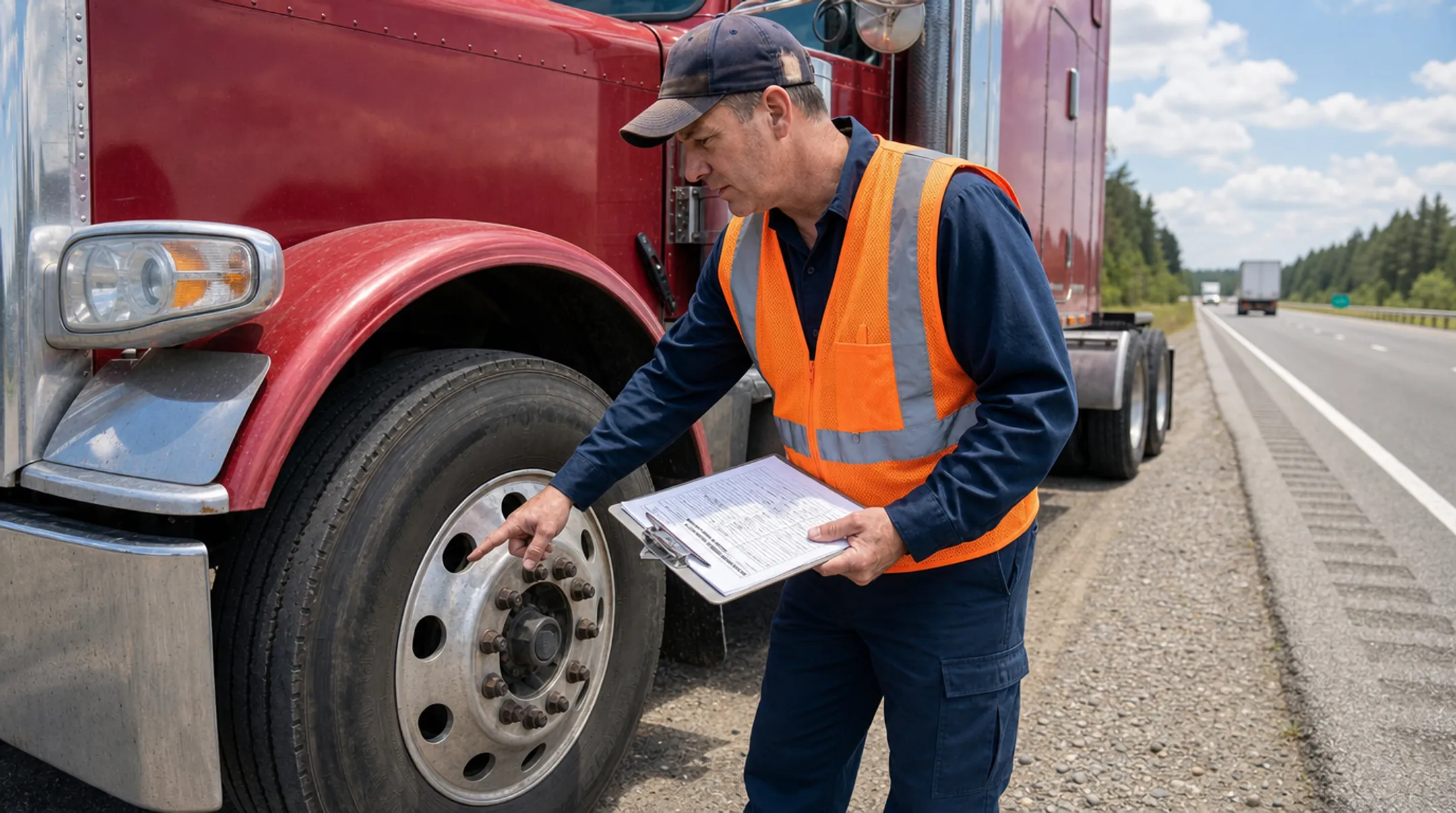 Commercial truck undergoing roadside safety inspection by compliance officer