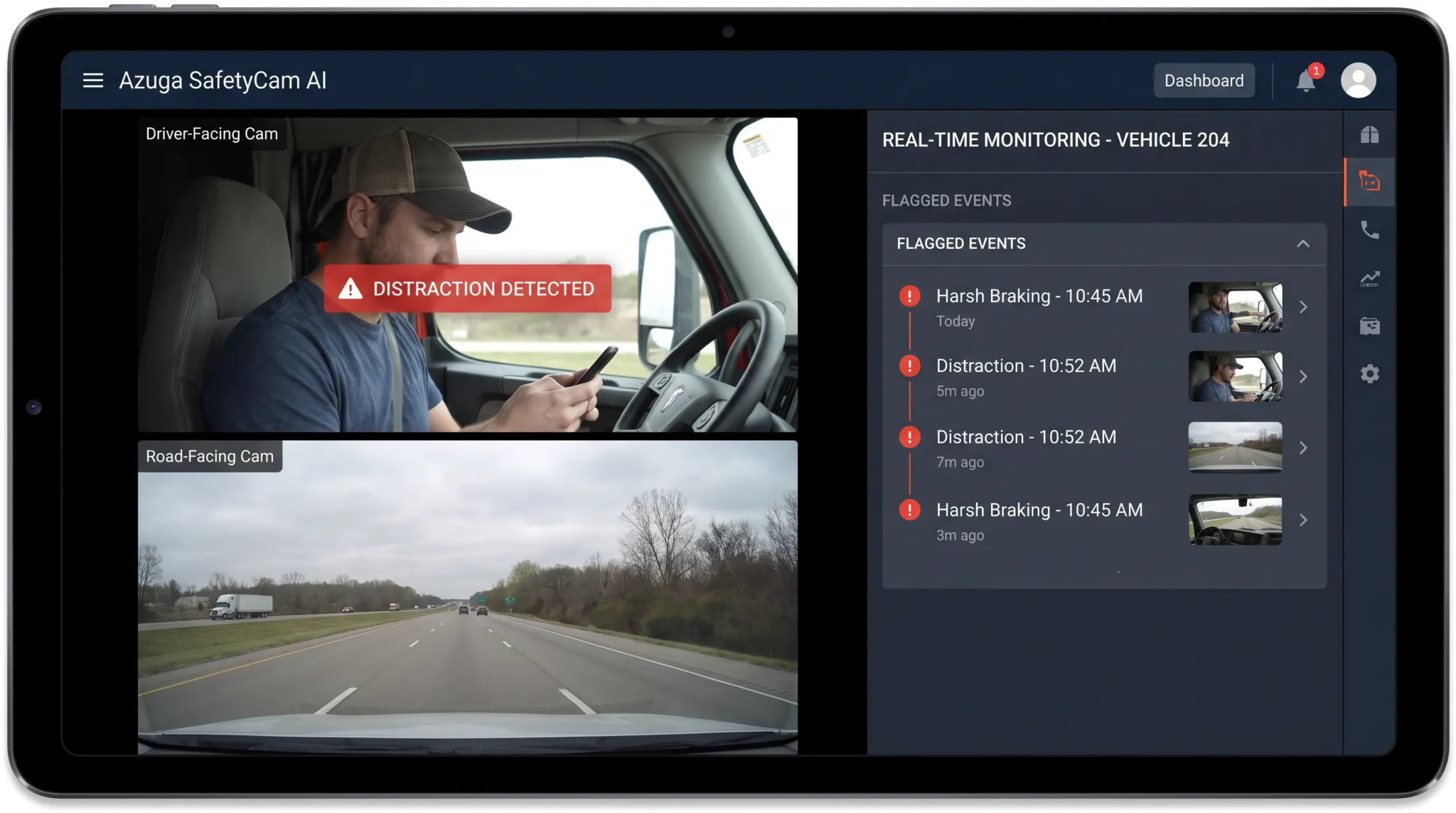 AI dashcam interface flagging distraction and harsh braking events