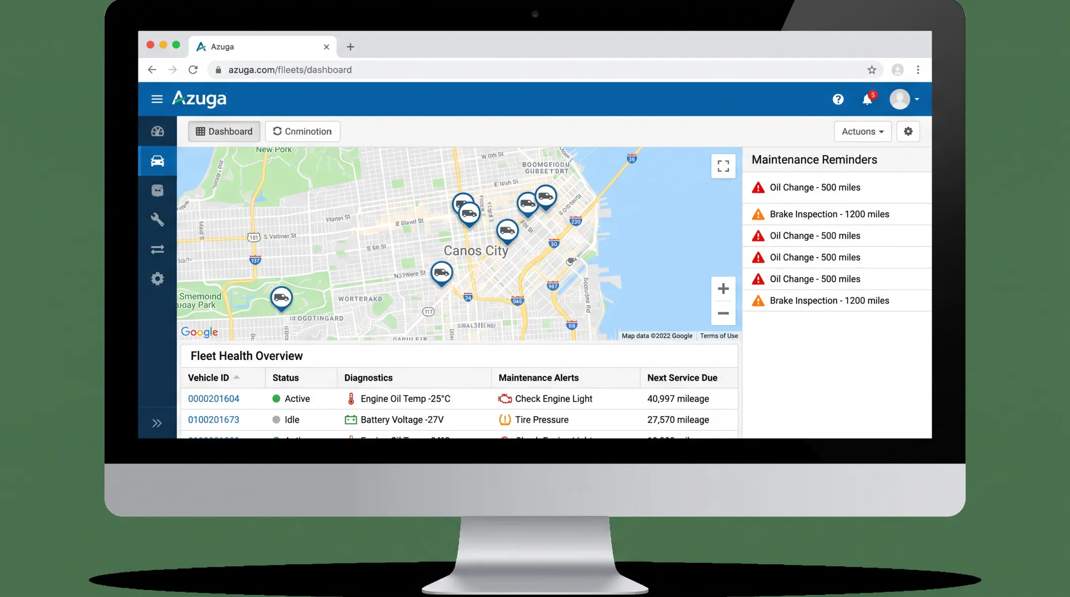 Azuga GPS fleet management dashboard showing vehicle diagnostics and maintenance alerts