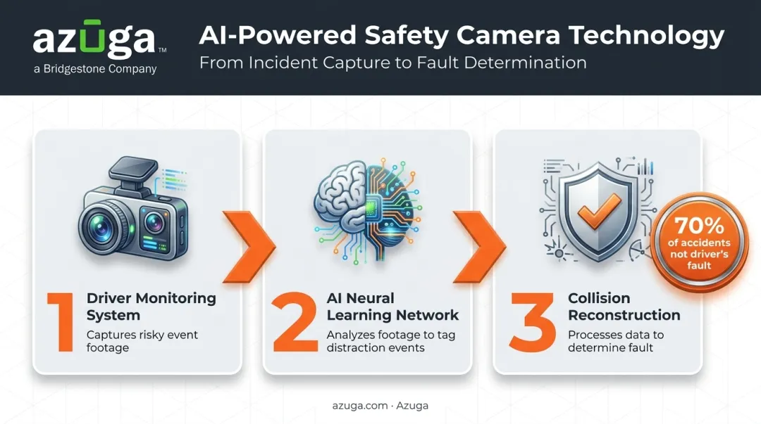 SafetyCam AI three-step collision detection and driver fault analysis process