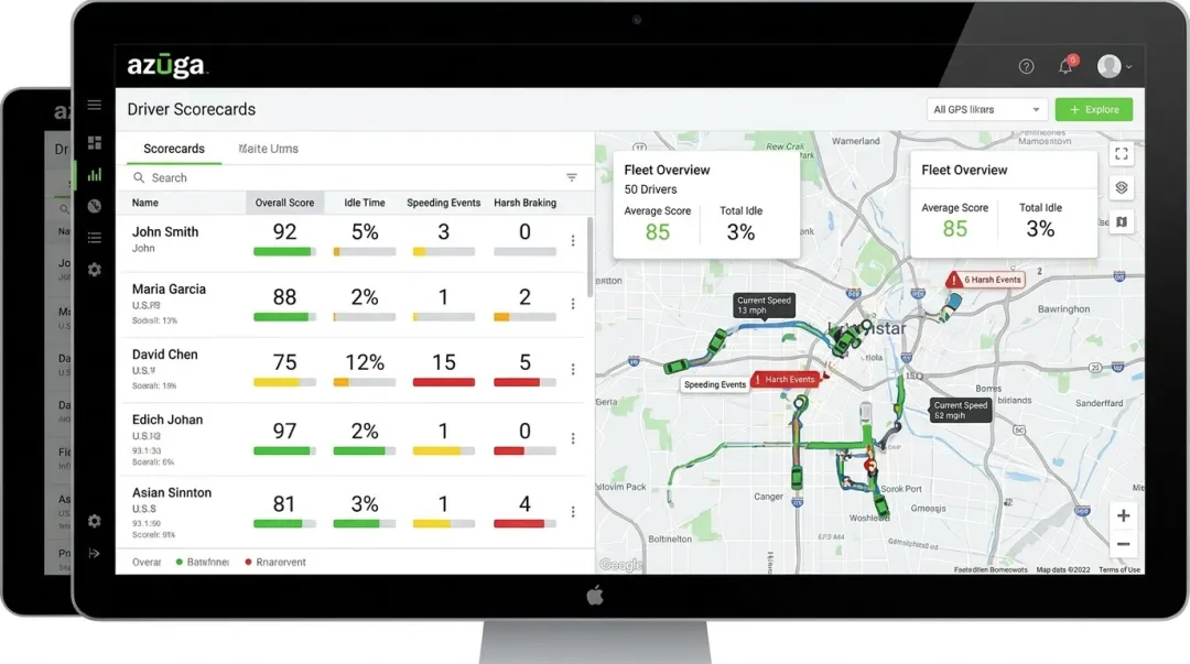 Azuga fleet dashboard displaying idle time metrics and driver scorecards
