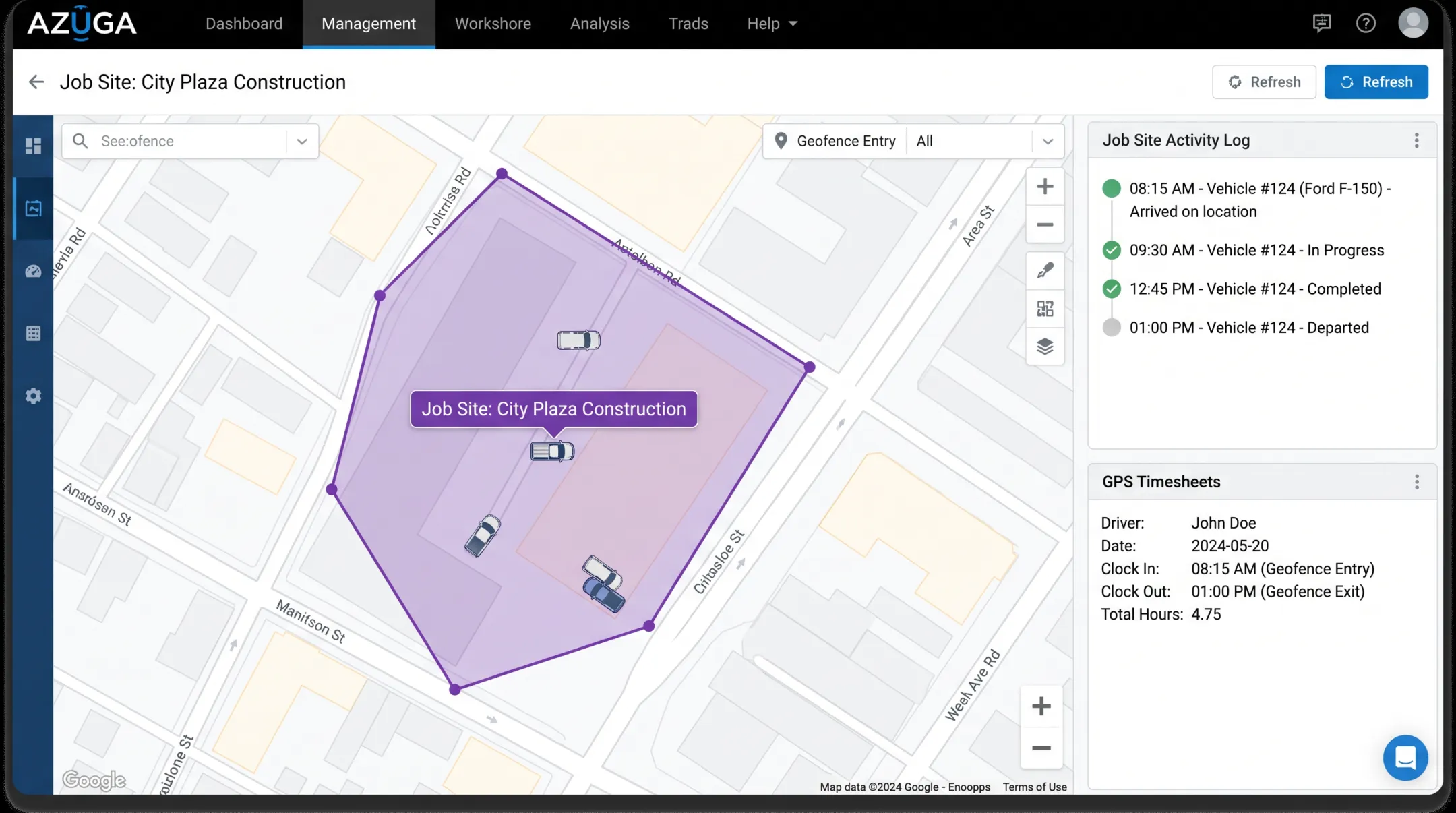 Azuga fleet dashboard showing job site geofence arrival and completion status