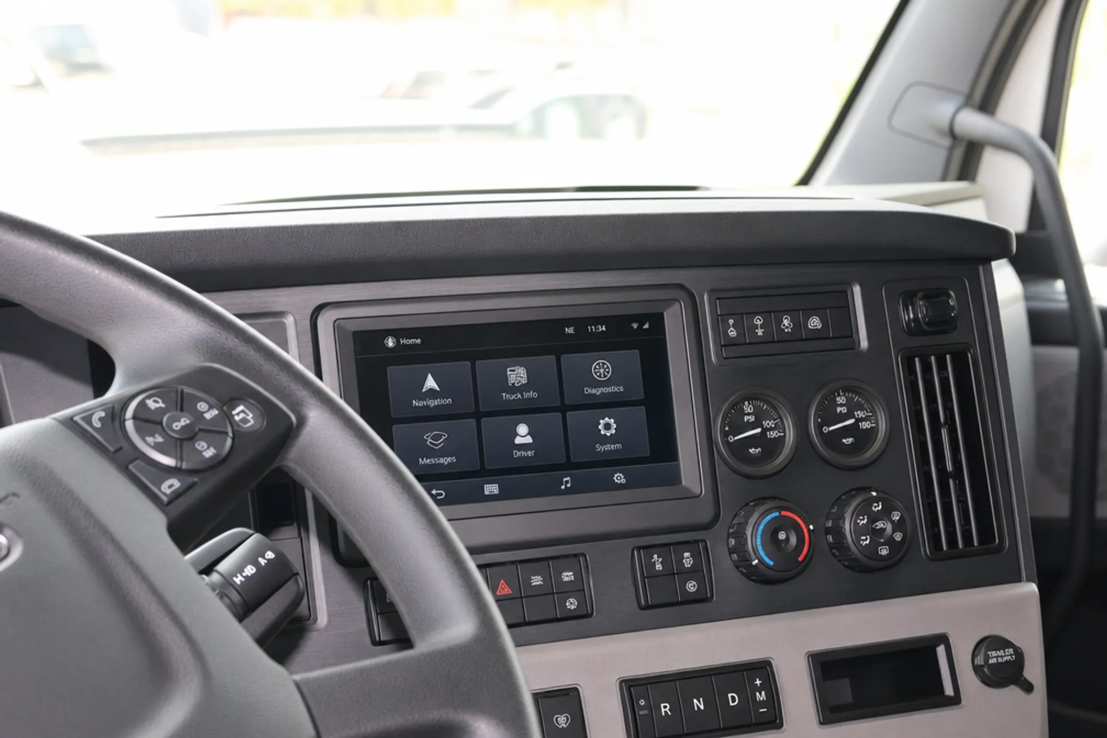 Commercial truck dashboard displaying factory-installed telematics gateway hardware