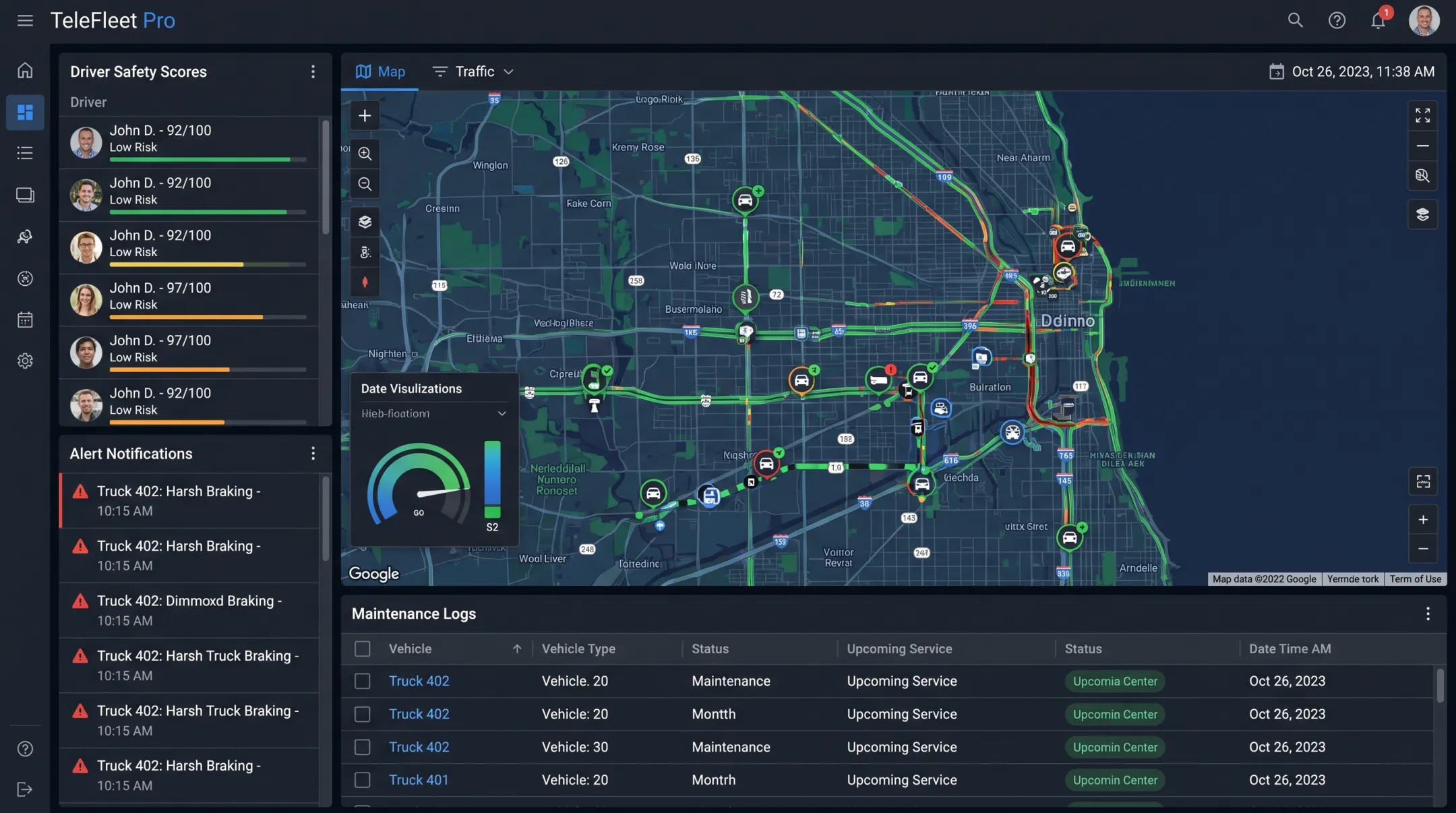 Fleet management dashboard displaying real-time vehicle data and alerts