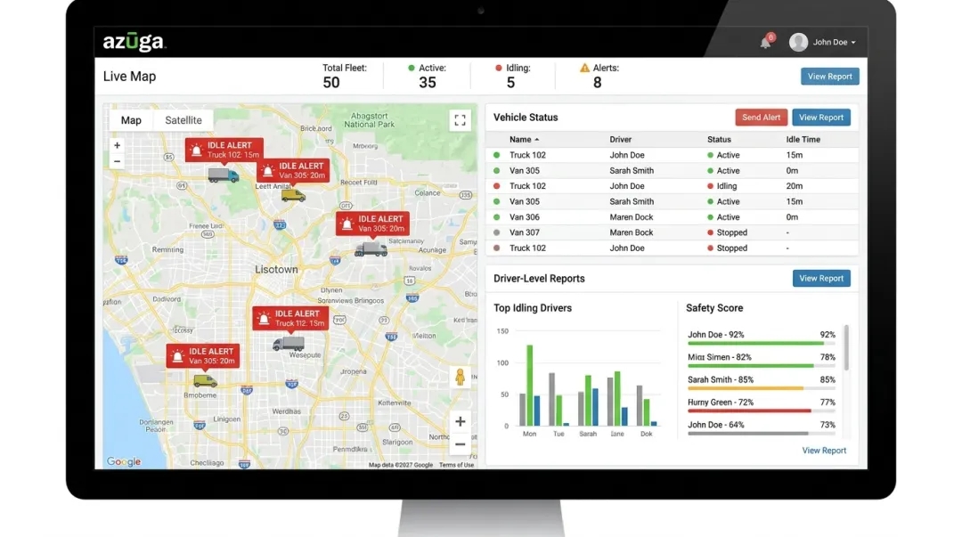 Azuga fleet telematics dashboard displaying real-time vehicle idle tracking alerts