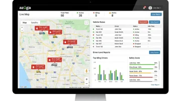 Azuga fleet telematics dashboard displaying real-time vehicle idle tracking alerts