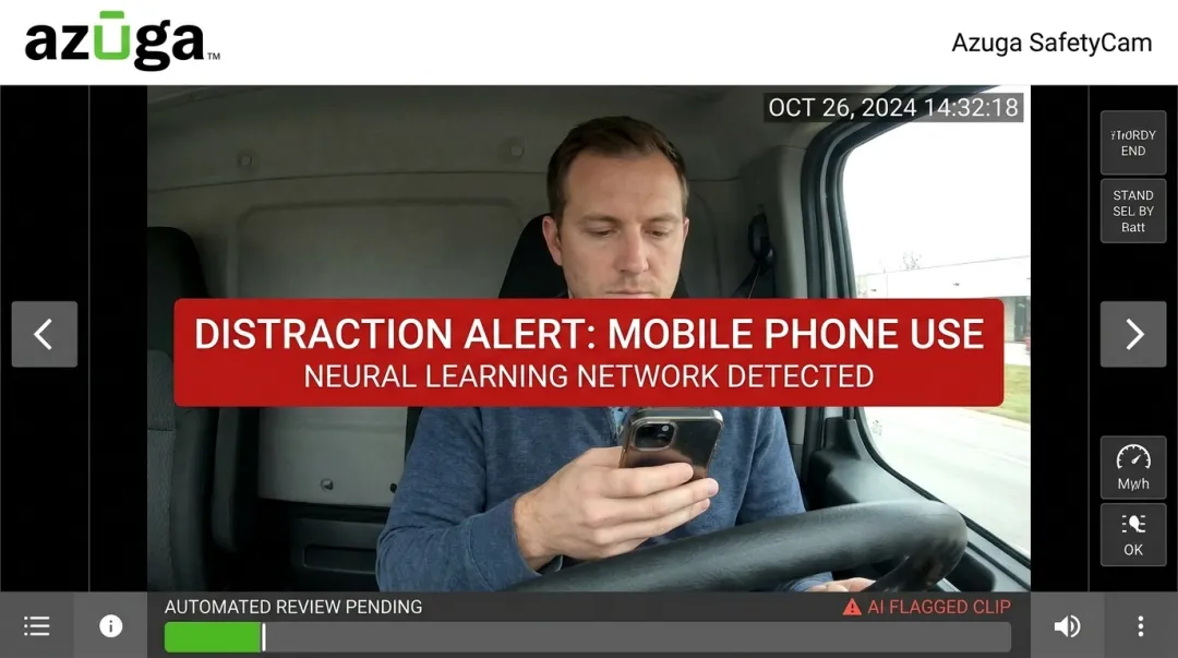 Azuga SafetyCam AI dashcam interface flagging driver distraction events automatically