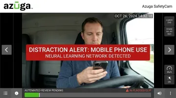 Azuga SafetyCam AI dashcam interface flagging driver distraction events automatically