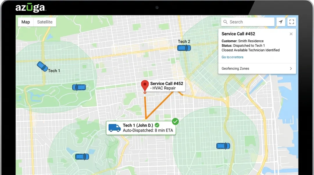 Azuga dispatch interface assigning nearest technician using geofencing tools
